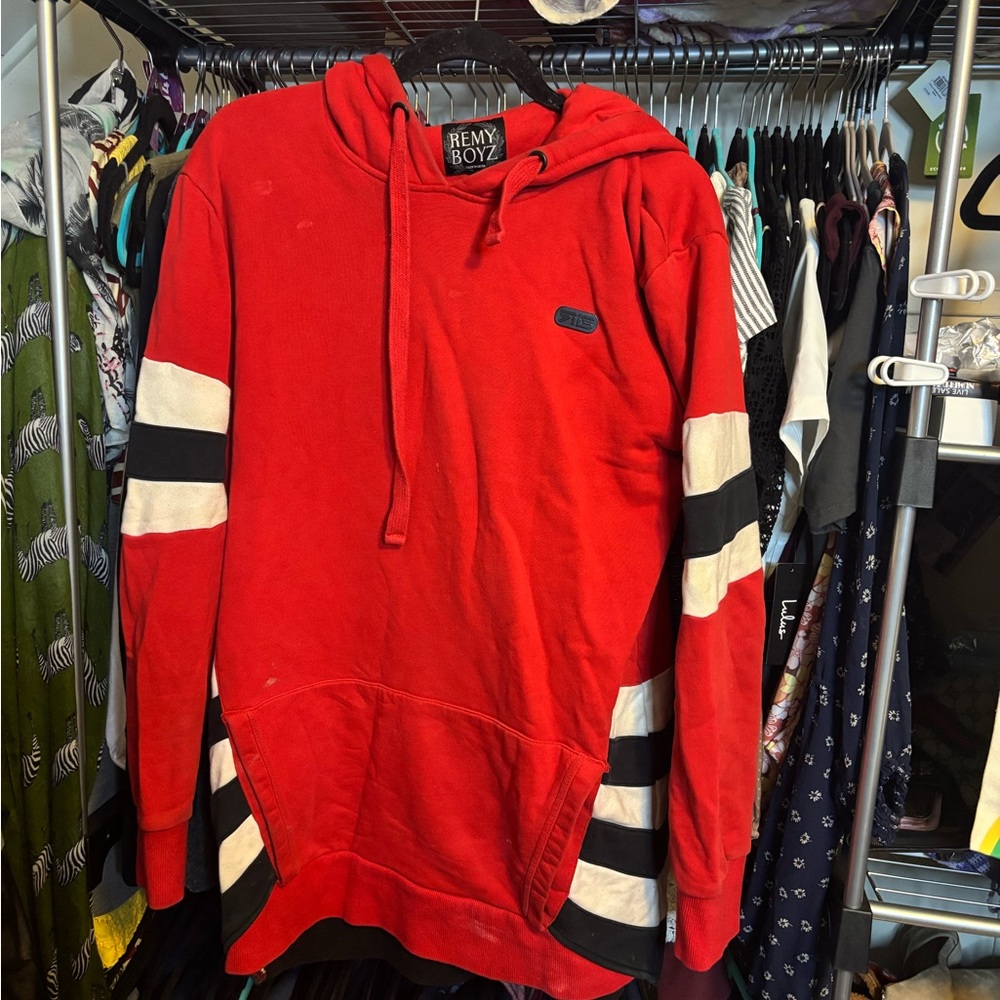 Red and Black Athletic Sweatshirt with Kangaroo Pocket - flaws pictured